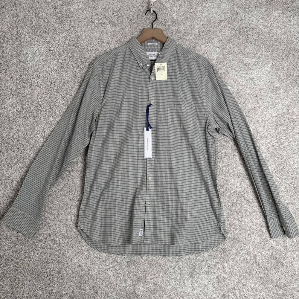 Lucky Brand Shirt Mens L Gray Check White Label Fit Button Down Long Sleeve Men‎